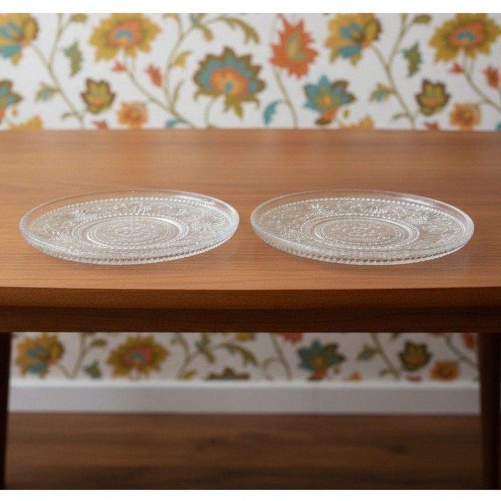 Sandwich Glass Clear Bread Plates, Set‎ of 2, Vintage Floral Scroll Pattern